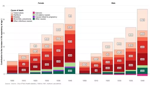 Figure 2: Contribution of each cause of death to the increase in life expectancy at age 1 in Paris between 1891 and the year indicated, by sex.