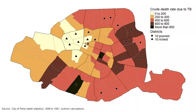 Figure 3: Crude mortality rates due to tuberculosis (per 100,000 inhabitants) in 1900 for the 80 districts of Paris